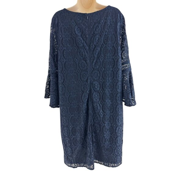 Chico's Size 3 = XL/16 Navy Blue Lace Shift Dress Bell Flare Sleeves Wedding - Picture 3 of 8